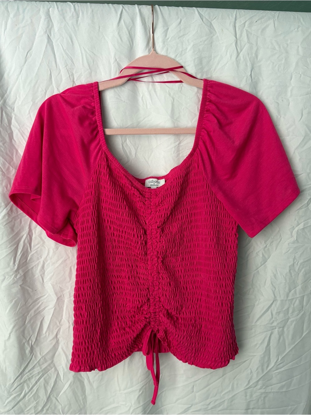 crown & ivy Fuchsia Smocked Drawstring Short Sleeve Top